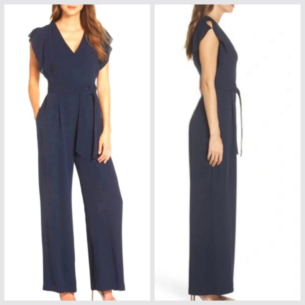 Eliza J Navy Blue Jumpsuit with Belt Side Pockets Wide Leg